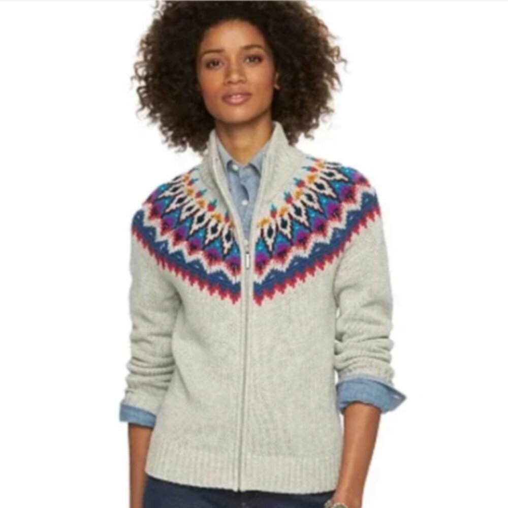 Chaps‎ Fair Isle Full-Zip Mock-neck Sweater Sz Petite M #291T